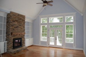 Stone Fireplace Custom Built-Ins Vaulted Ceiling