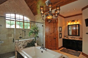 Master Bath Stone And Glass Shower Enclosure Whirlpool Tub