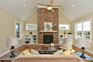 Family Room Stone Vent Free Fireplace Custom Book Cases Vaulted Ceiling