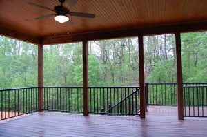 Rear Porch Stained Bead Board Ceiling Cedar Posts and Metal Railings