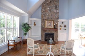 Vaulted Family Room Natural Stone Fireplace Custom Built-Ins